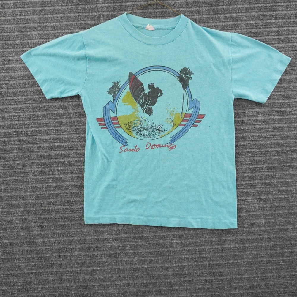 Vintage 70s T-Shirt Men XL Turquoise Santo Domingo Surf Graphic